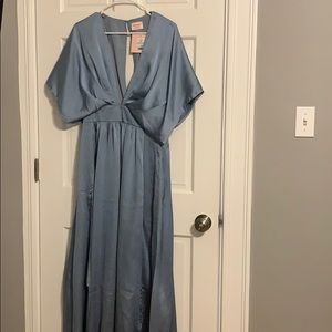 NWT Dusty Blue Deep V Satin Dress